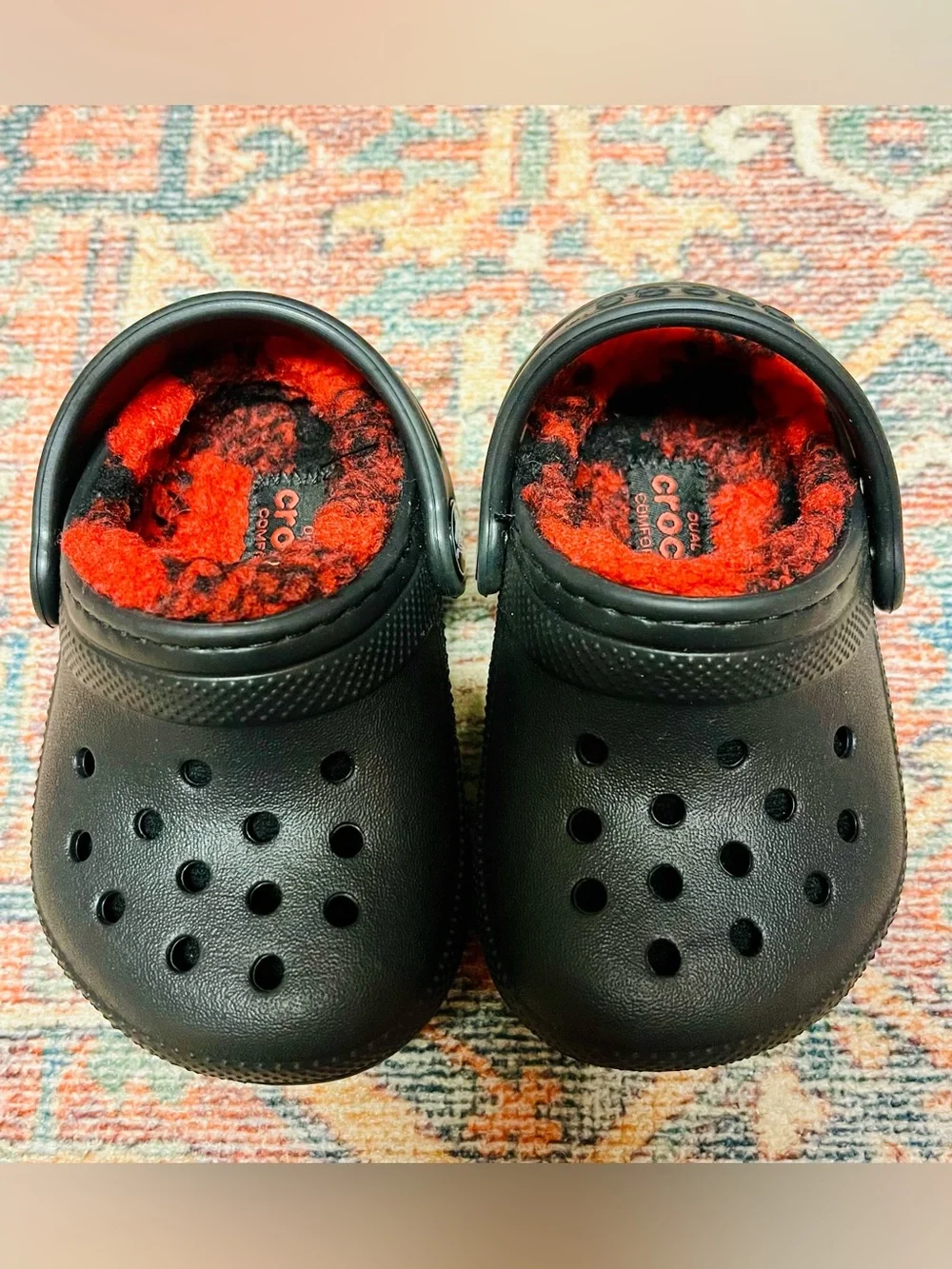 CROCS Kids Classic Clog with Red Fleece Lining - Black Shell
